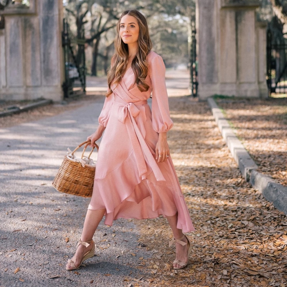 Gal Meets Glam Jennifer Shimmer Satin Wrap Dress